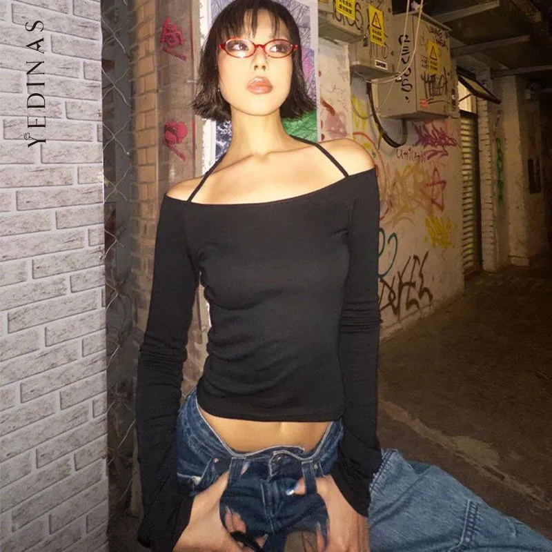 Yedinas Women's Long Sleeve Halter T Shirt Black Slim Clothes Y2K Tees Female Clothing Skinny Streetwear 2000s Tshirts Slim Tops