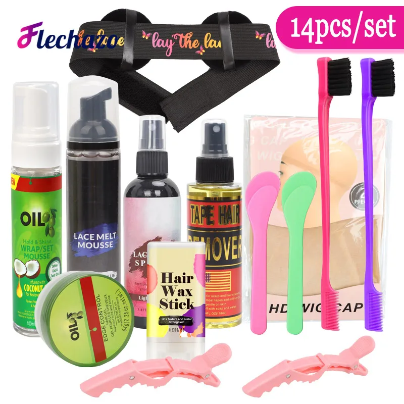 Perücke Installation skit Set 14 Stück Spitze Schmelze Mousse Spitze Tönung Spray Tape Haar wickel Set Mousse Haar wachs Stick Rand Kontrolle Haar bürste Image