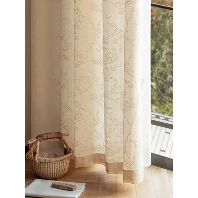 High grade mirror veil, gauze curtain, living room, bedroom bay window, curtain, and window screen, beige floral branch gauze