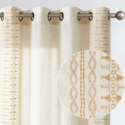JINCAHN 1 PC Boho Linen Curtains for Bedroom Living Room Embroidered Window Curtains Drapes Light Filtering Yellow Curtains