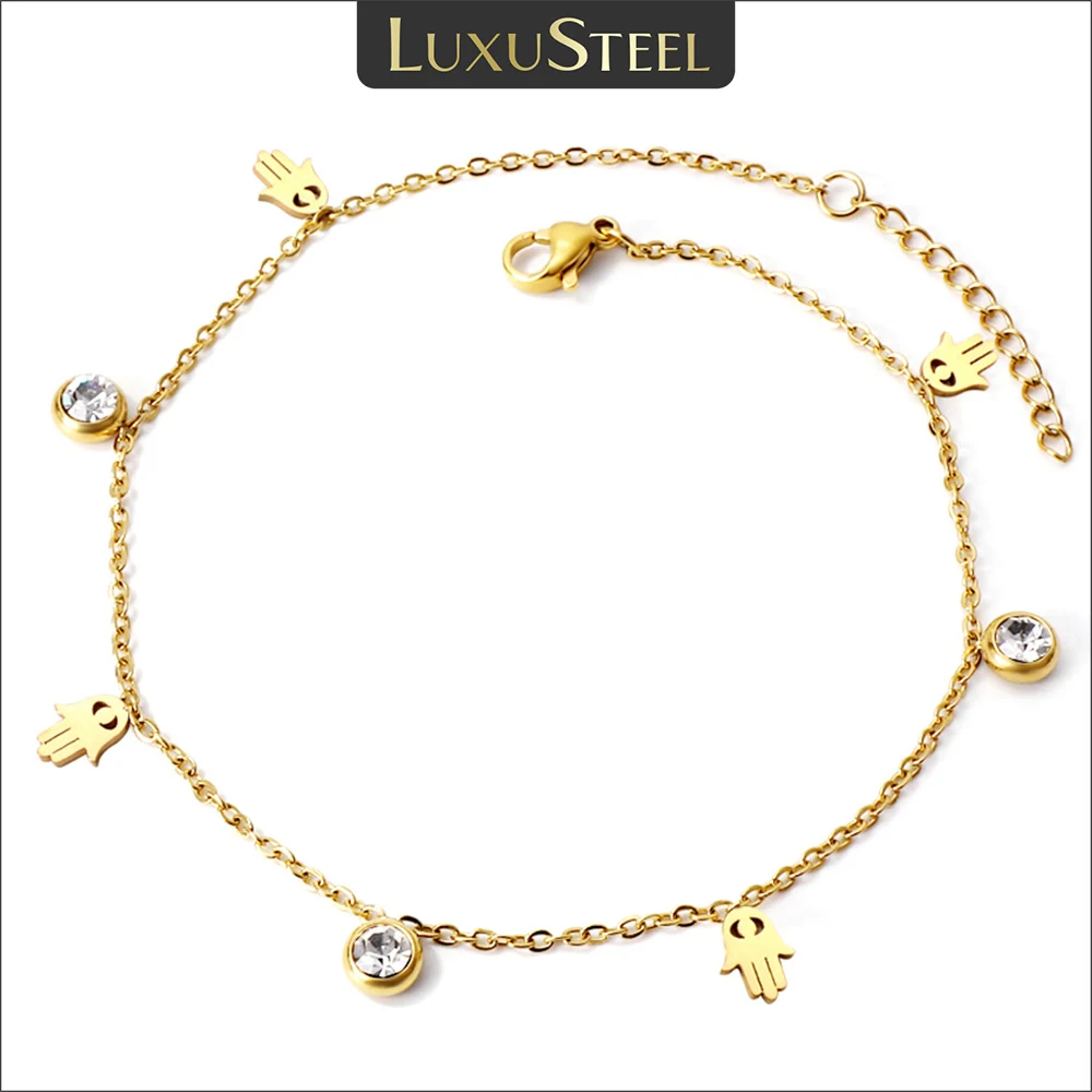 LUXUSTEEL Kristall Hamsa Hand Charm Fußkettchen für Frauen Mädchen Gold Farbe Edelstahl Kette Knöchel Sommer Urlaub Schmuck 23 + 5 cm Image