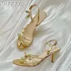 Gold Blütenblatt Blatt Echt leder Sandalen offene Zehen High Heel Rücken Riemen Frauen Schuhe Luxus
