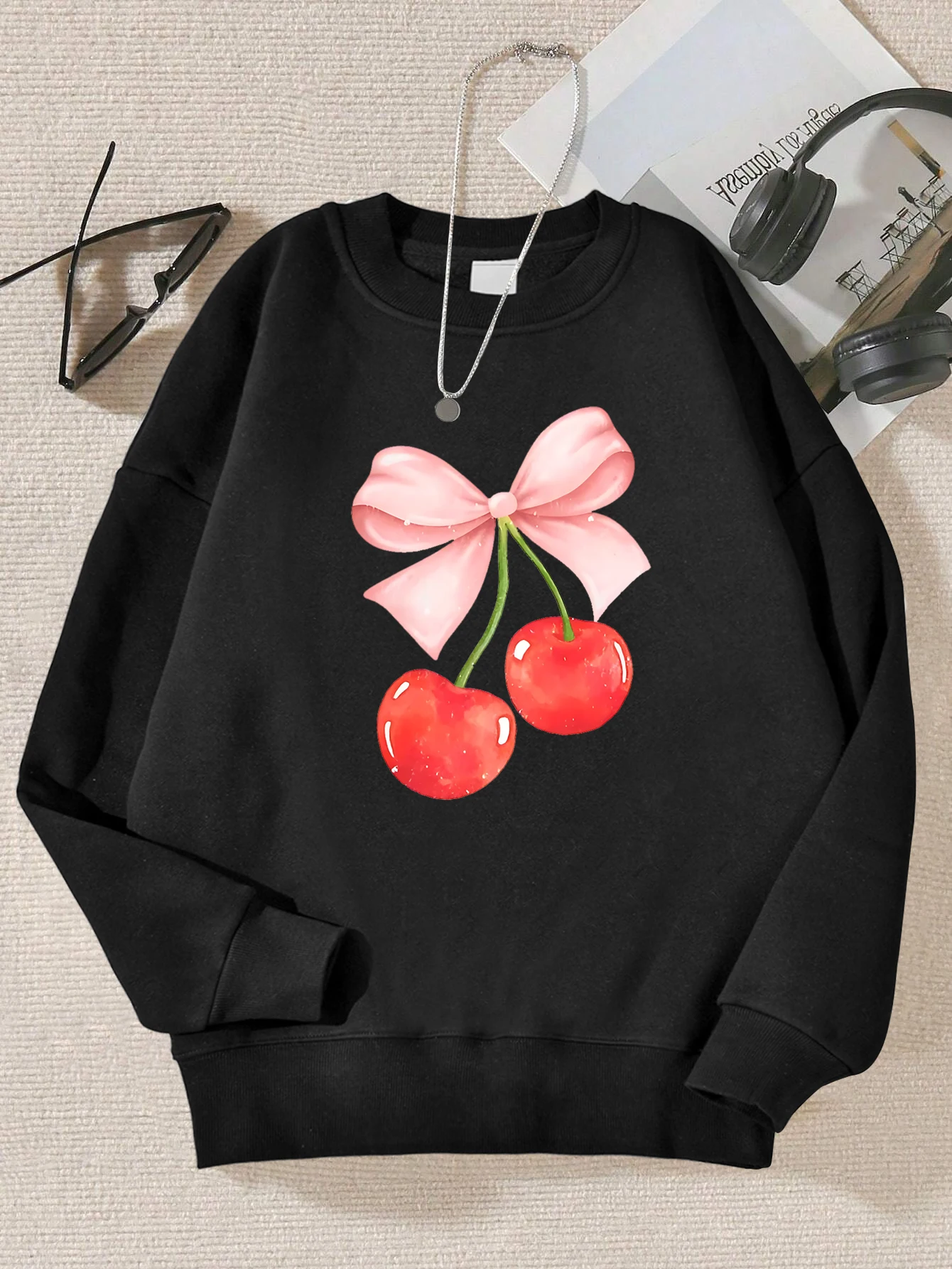 Rosa Bogen Kirsche Design Druck Sweatshirt Frauen Harajuku Casual Pullover Mode Hip Hop Hoody Herbst Pelz-Liner Frau Kleidung