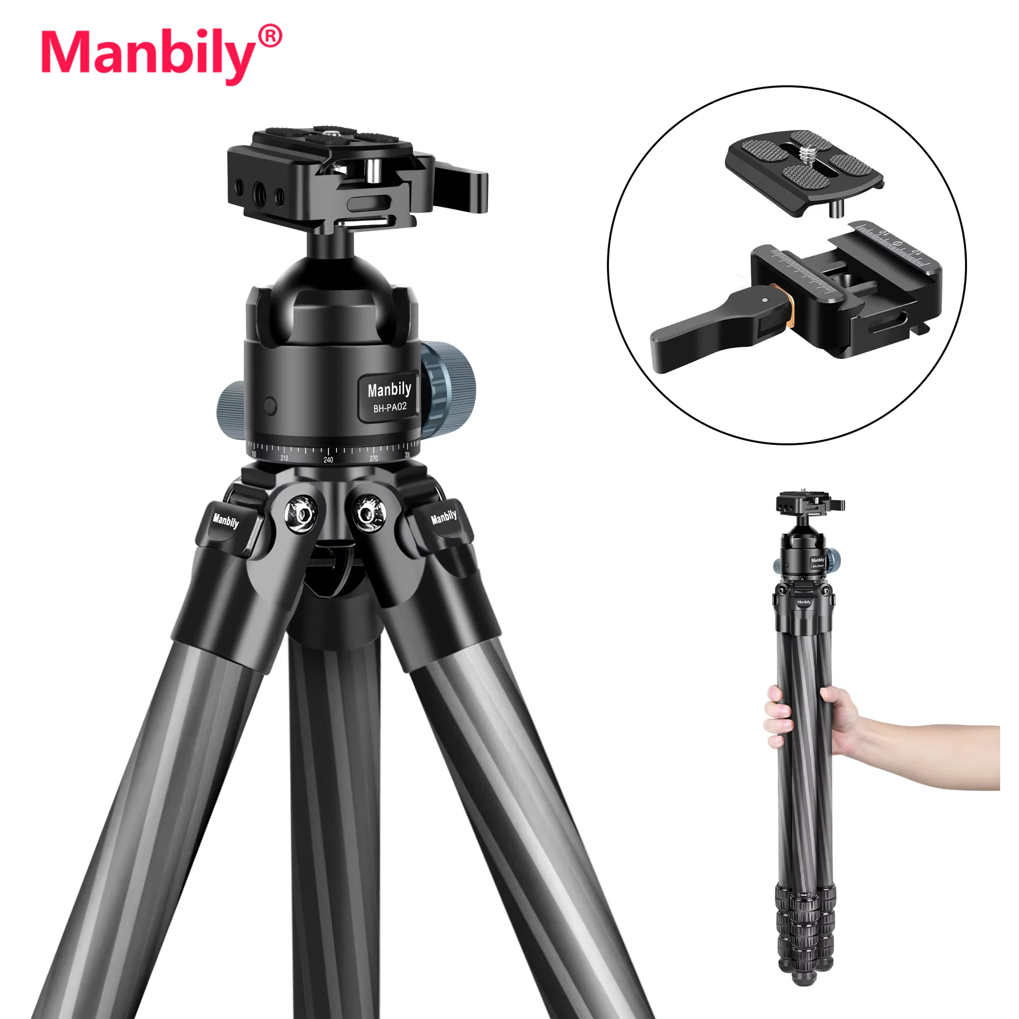 Manbily WZ-324PA Kohlefaser-Stativ für Jagdgewehr, Schießkamera, Reisestativ mit Kugelkopf, Arca Swiss Platte, 32 mm Rohr Image