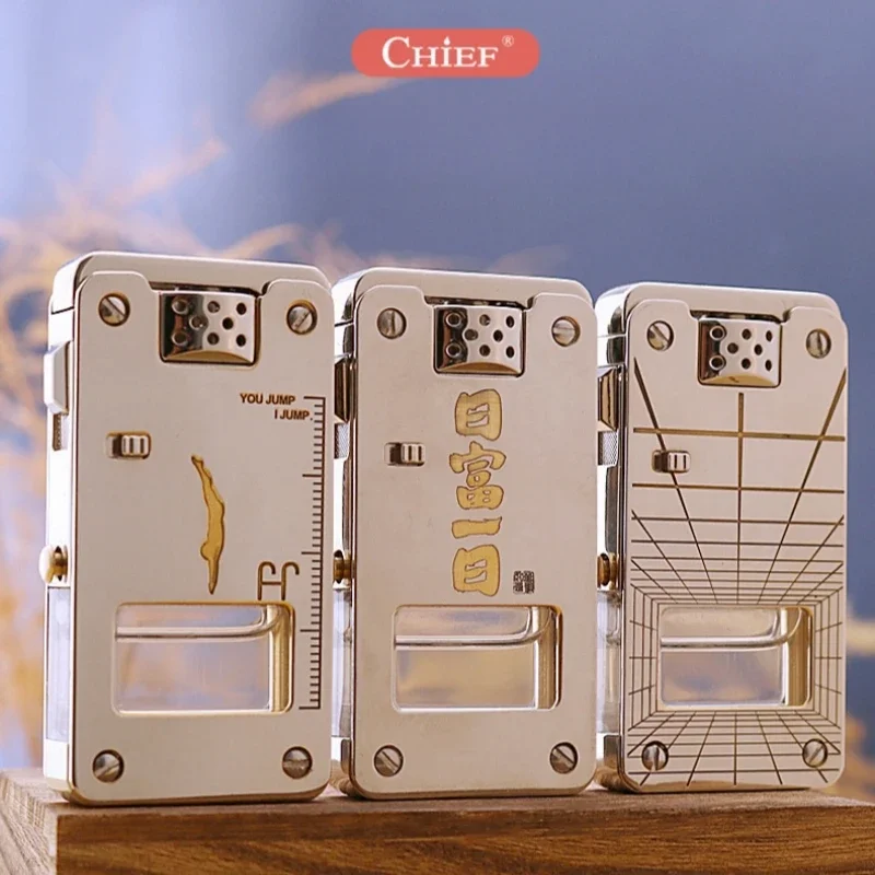 Chef kreative Pumpe Öl ventil Metall ein Klick Auswurf Zündung wind dichtes offenes Feuer transparentes Öl Fenster Kerosin Feuerzeug Werkzeug Image