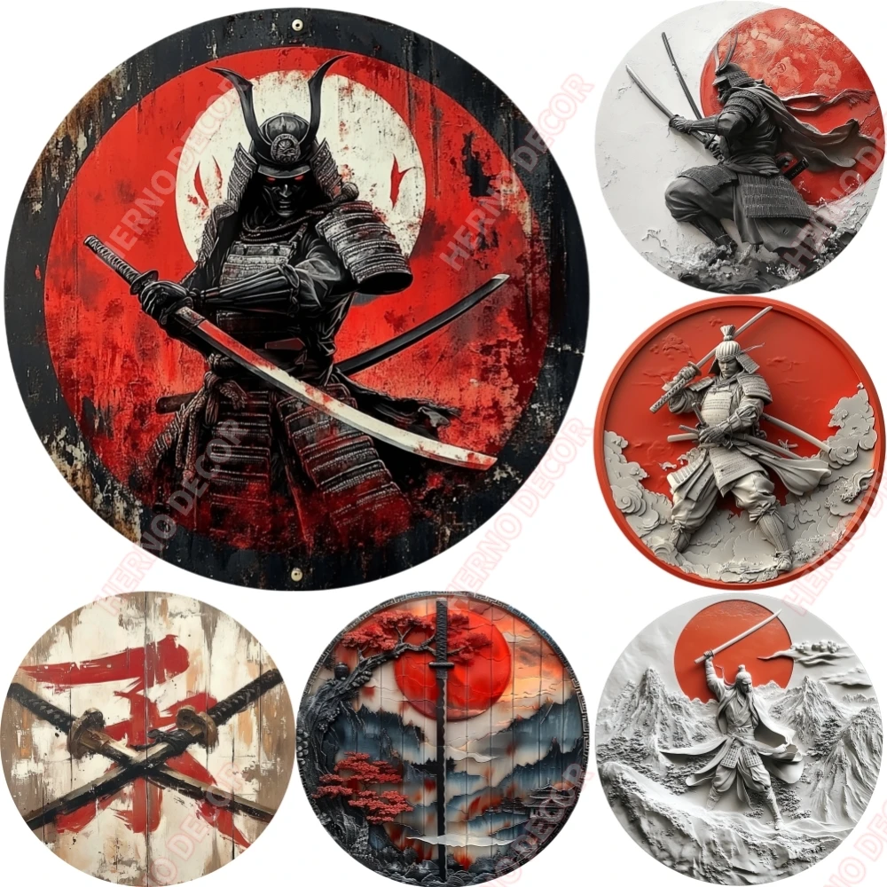 Japanische Samurai-Wandkunst aus Aluminium, kreisförmige Metall-Logo-Dekoration im Retro-Stil, geeignet für Männerlöcher, Cafés, Häuser, wetterfest Image