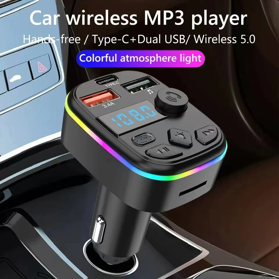 Auto-Ladegerät, FM-Transmitter, unterstützt TF-Karte, U-Disk, Auto-MP3-Player, Dual-USB, Typ C, Handy-Aufladung, Freisprecheinrichtung, kabelloses Auto-Set Image