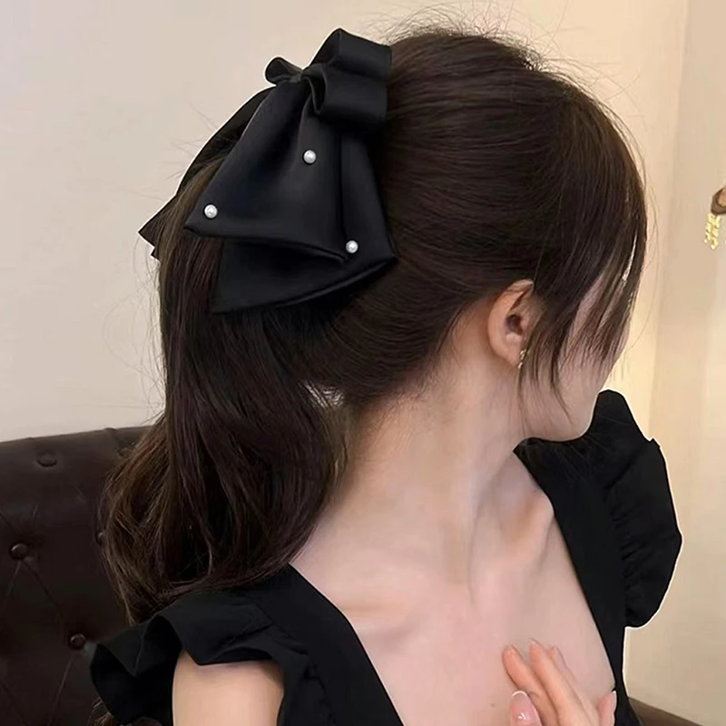 Satin Bogen Haarnadeln Temperament Kopfbedeckung Einfarbig Perle Haar Clips Für Frauen Mädchen Pferdeschwanz Haar Zubehör Image