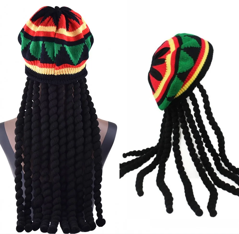 Vintage jamaikanische Rasta schwarze Perücke lange Haare Hut Dreadlocks Zopf Beanie Strickmütze Bühne Hip Hop Tanz Kopfbedeckung Dreadlocks Perücke Hut Image