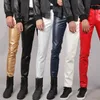 Rote Herren Moto Skinny elastische Kunstlederhose, Schwarz Gold Weiß Dünne PU-Hose, Marken-Herrenbekleidung, asiatische Größe 28-40