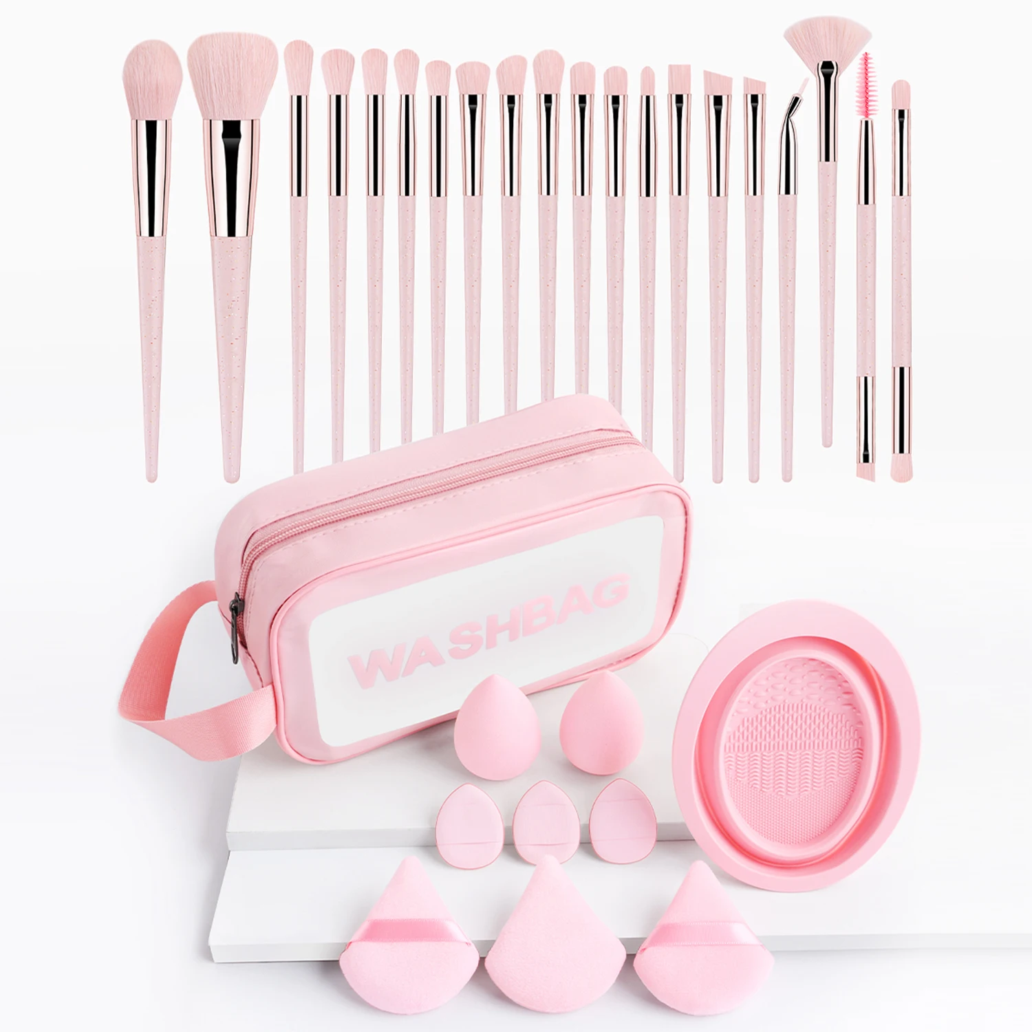 Make-up-Pinsel-Sets mit Tasche und Make-up-Pinsel-Reinigungswerkzeug, 20 Stück klassische multifunktionale Make-up-Pinsel aus Kunststoff für Profis Image