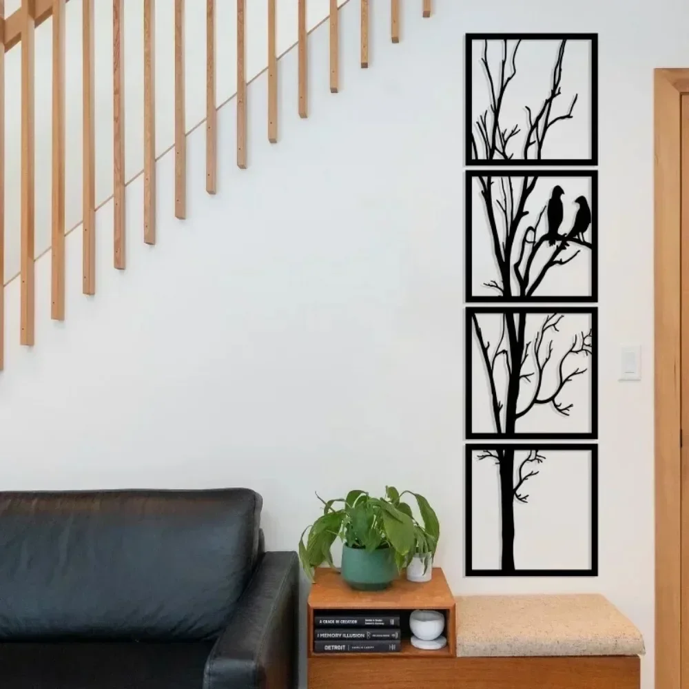 4-teiliges Wandkunstset „Tree & Birds“ aus Metall – elegante Dekoration für das Wohnzimmer, stilvolle Heimdekoration, wunderschöne Wandakzente aus Metall