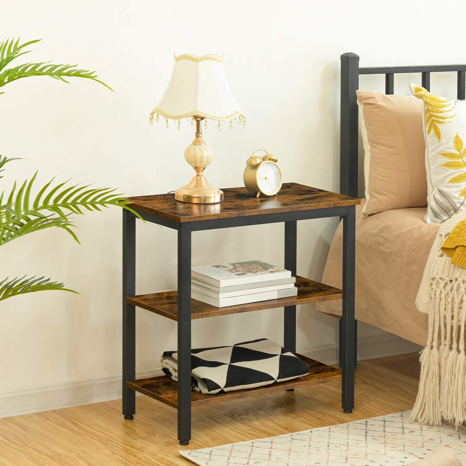 Hoobro Nachttisch Beistell tisch mit 3 Ebenen Industries til Sofa Tisch Nachttisch für Schlafzimmer Wohnzimmer Metallrahmen braun Image