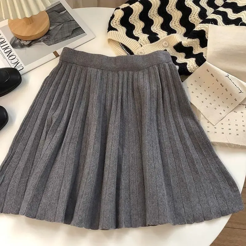High Taille Minirock Frauen Stricken Plissee A-Linie verdicken lose koreanische Stil hot sweet Mädchen sanfte elegante schicke Freizeit solide