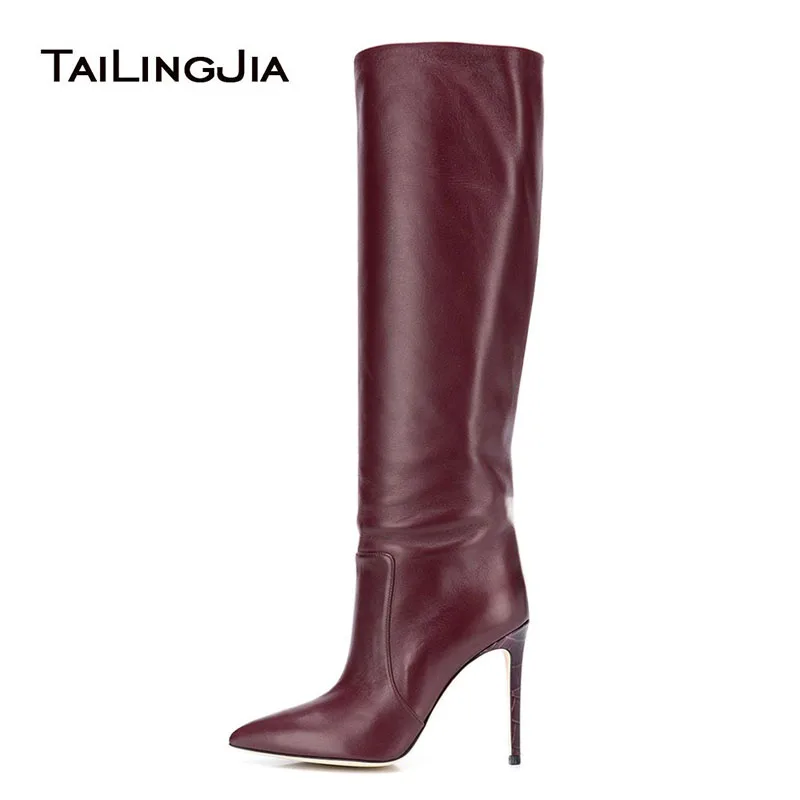 Tailingjia Mode Damen Spitz High Heel Winter Schuhe Plus Größe Frauen Hoch Lange Burgund Schwarz Weiß Kniehohe Stiefel