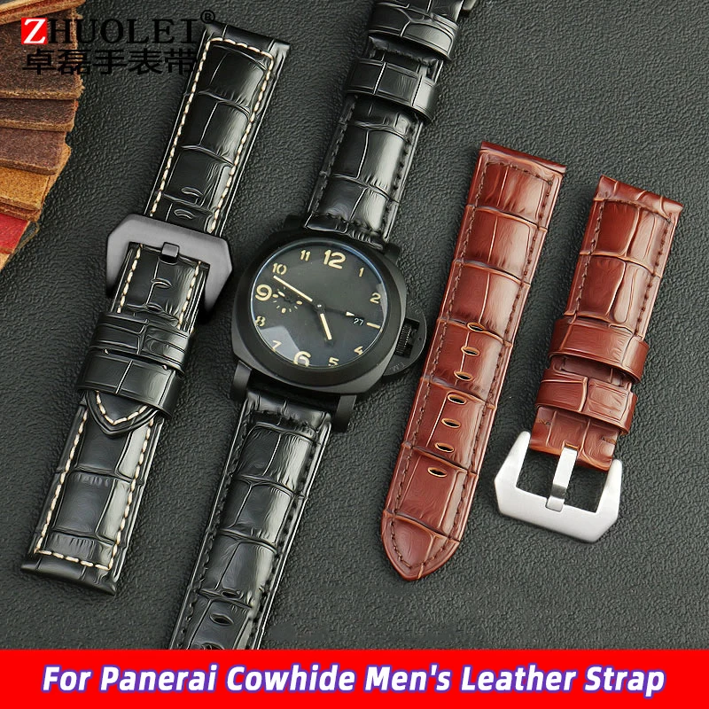 22mm 24mm 26mm Alligator strukturiertes Rindsleder Armband für Panerai Herren braun blau Armband Armband Stahl Nadel schnalle Image