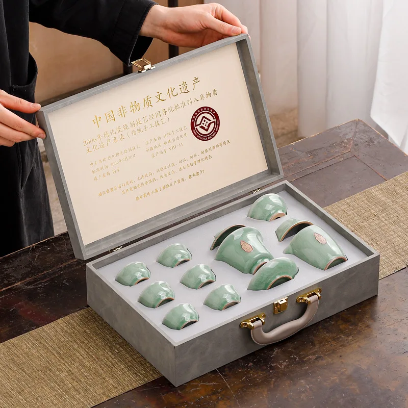 Gaiwan Kung Fu Tee Set Geschenkset Celadon Tee Set Eis knacken Glasur Keramik Tee Set Geschäfts veranstaltungen begleitende Geschenke Image