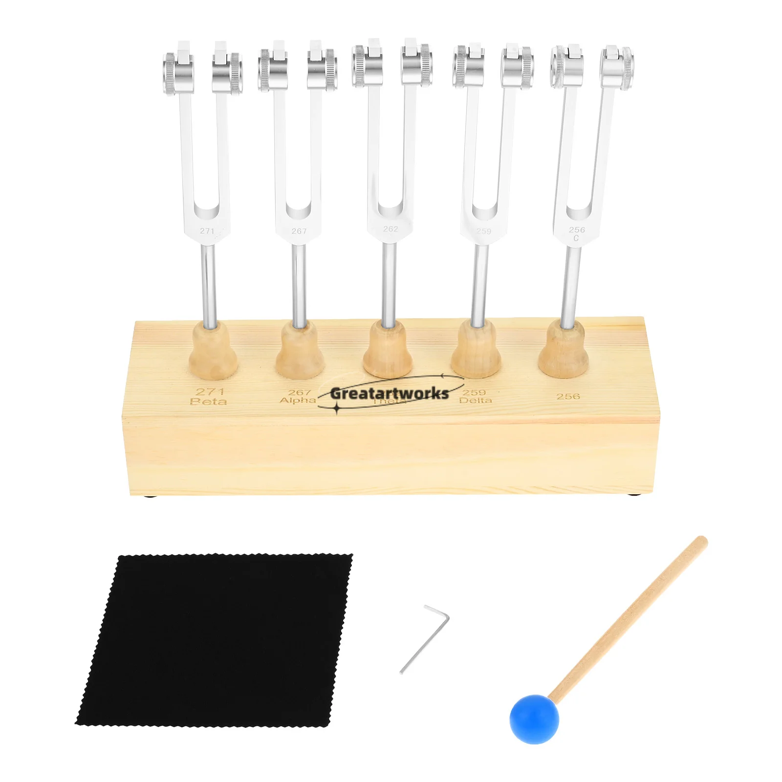 5-teiliges Gehirnentuner-Stimmgabel-Set EEG Delta Theta Alpha Beta 256/259/262/267/271 Hz mit Sprachbox aus Holz, Tiefschlaf-Meditation