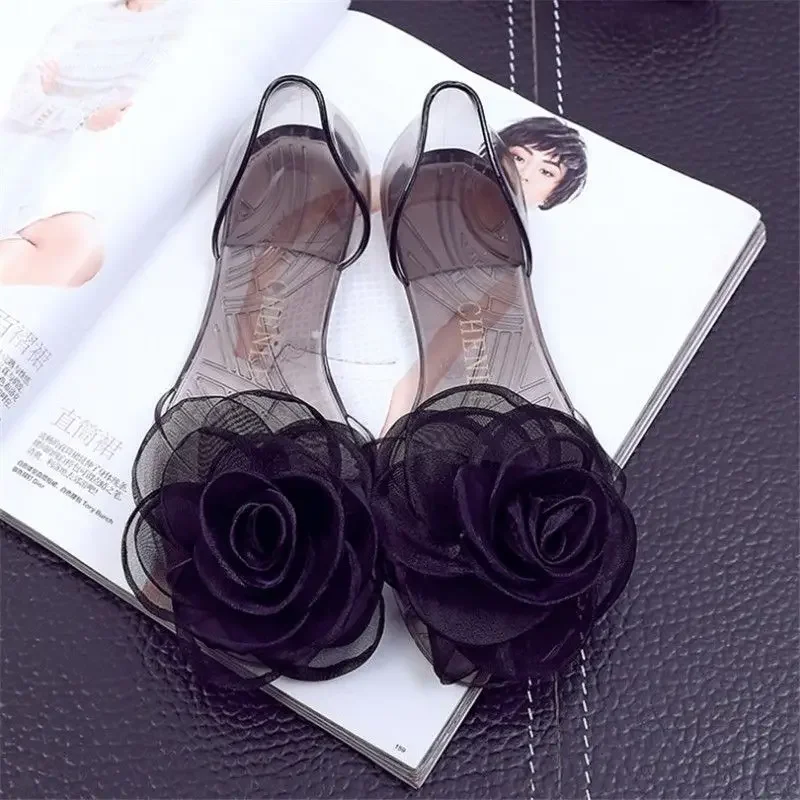 Kein Absatz, Strand, transparent, Sommer 2025, Gelee-Sandalen für Damen, Schuhe, Outdoor, Schleife, Damenschuhe, flach, Gummi, Kristall, F-Schuh, Korea