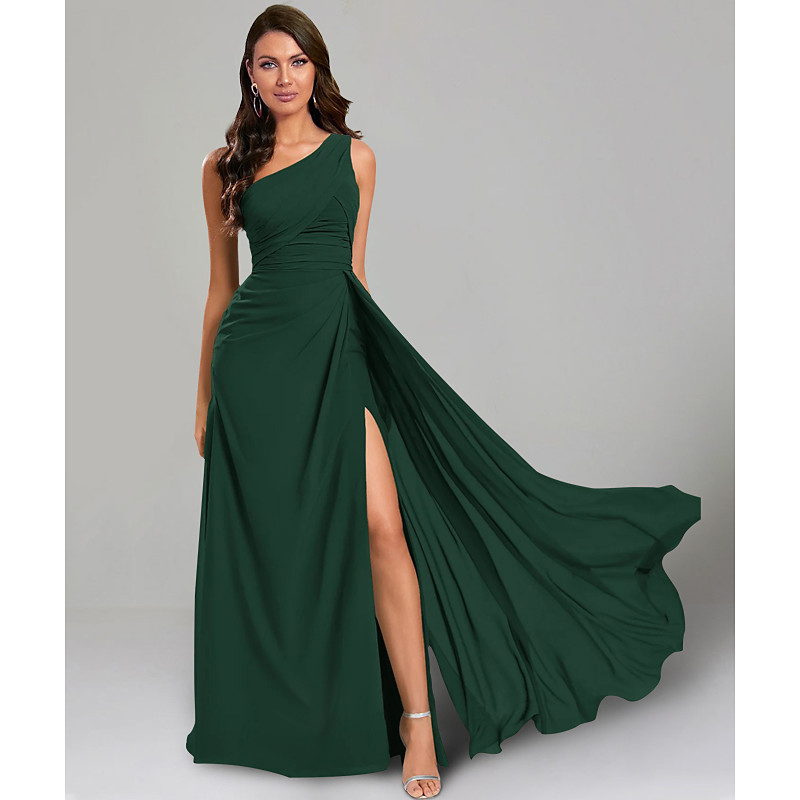 A-Line Wedding Guest Dresses Elegant Dress Black Tie Floor Length Short Sleeve One Shoulder Bridesmaid Dress Chiffon with Ruched