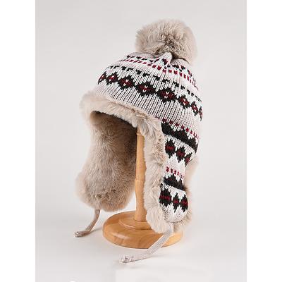 Winter Knitted Trapper Hat with Pom-Pom and Faux Fur Lining - Warm Ear Flap Beanie for Women