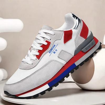 Men's Retro Running Sneakers - White with Red and Blue Accents, Lightweight Breathable Mesh, and Cushioned Sole for Athletic and Casual Wear