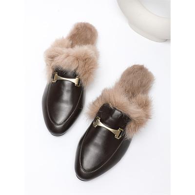 Women's Brown Faux Leather Fur Lined Loafers with Gold Buckle Detail - Cozy and Stylish Slip-On Mules for Winter Casual Wear