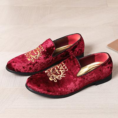 Men's Navy Blue Velvet Loafers with Gold Embroidery - Elegant Slip-On Shoes for Formal Events Parties