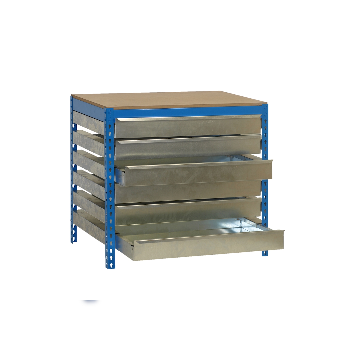 SimonRack Arbeitsbank ohne Schrauben mit Simonwork BT5 -Boxschubladen. Blau/Holzfarbe 842x1210x760 mm Image