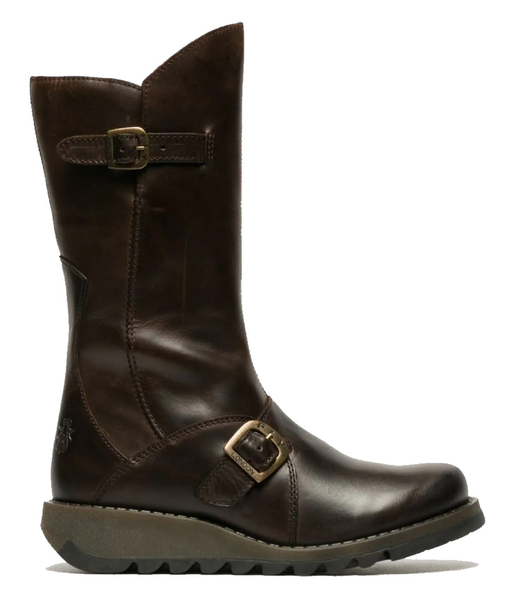 Fly London Damen MES 2 Plateaustiefel mit Keilabsatz, Schnalle, halbhohem Schaft, Reißverschluss, Braun