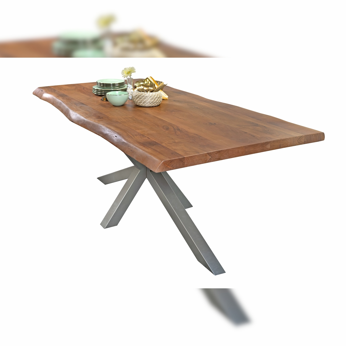 Esstisch Baumkante massiv Akazie Nussbaum 240 x 100 Spider-Gestell silber CALI Image