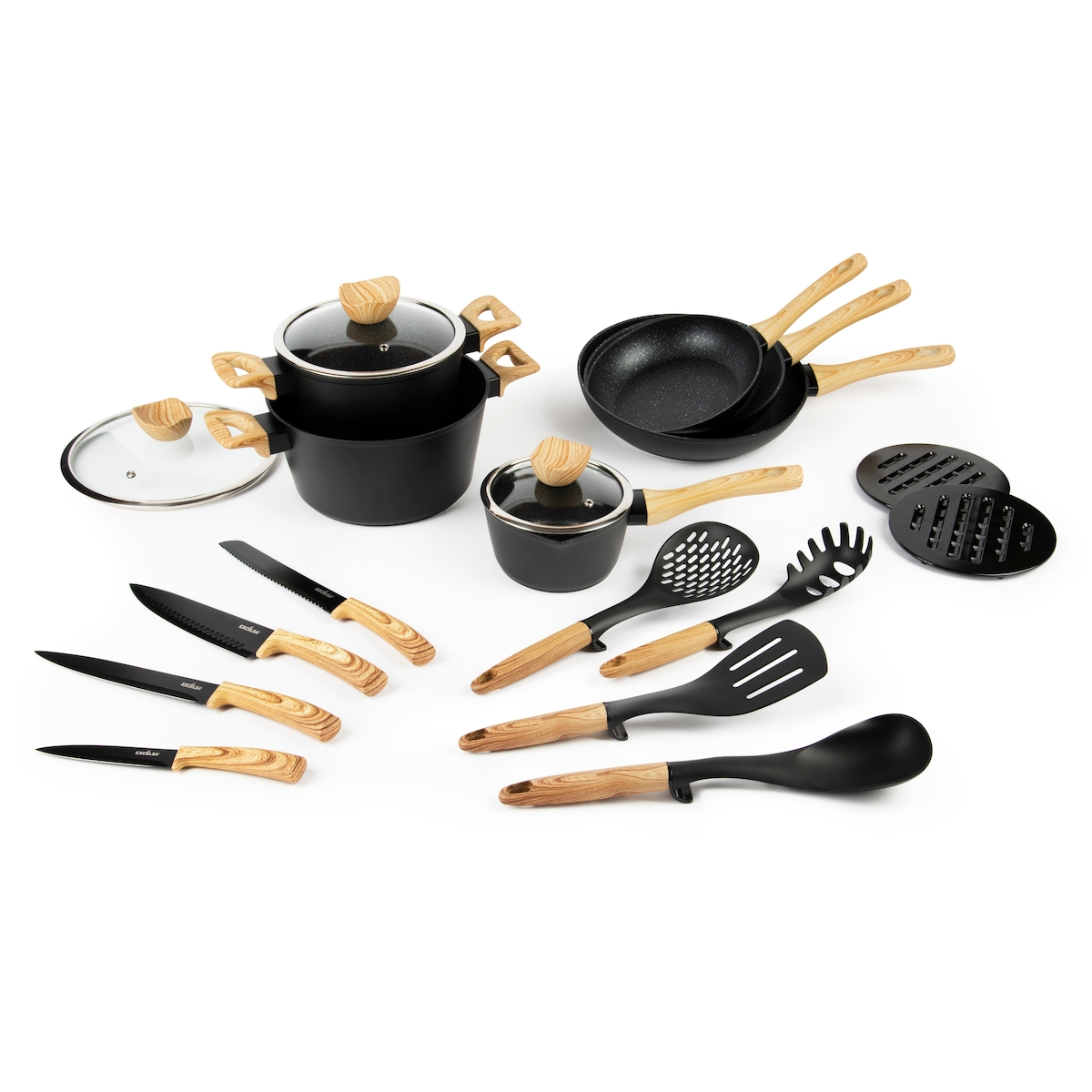 Excelsa Kochgeschirr Set 19 Stück Schwarz Wood Aluminium Schwarz Image