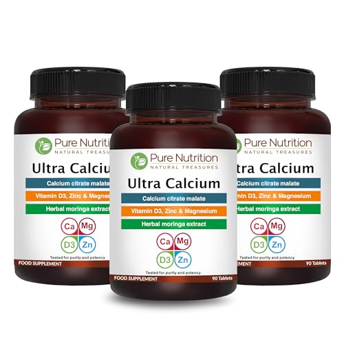 Pure Nutrition Ultra Calcium 1000mg with VIT D3 + K2 | 270 Tabs (90 X Pack of 3) | Highly absorbable Supplement with Calcium Citrate Malate, VIT D3, K2, Moringa Oleifera, Magnesium and Zinc.