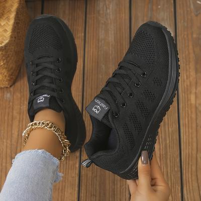TEMU Women's Solid Color Knitted Sneakers, Lace Up Soft Sole Platform Casual Shoes, Low-top Breathable Shoes Image
