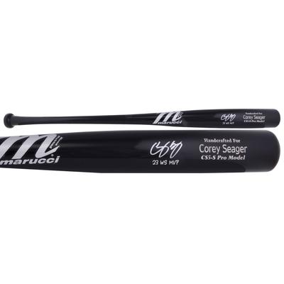 Von Corey Seager, Texas Rangers, signierter Marucci-Spielmodellschläger der World Series 2023 mit der Aufschrift „23 WS MVP“ Image