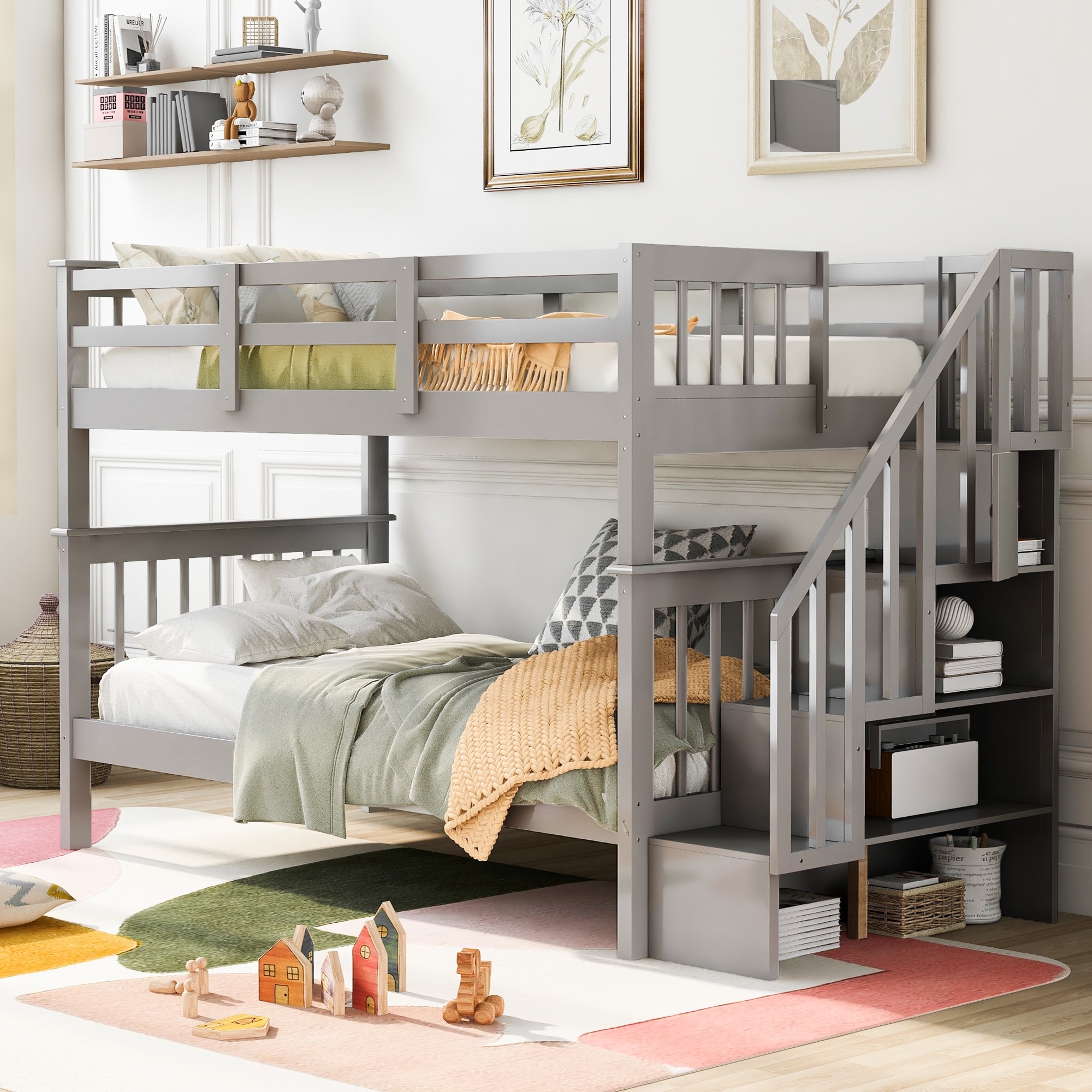 Modern Stairway Twin-Over-Twin Bunk Bed with Storage and Guard Rail for Bedroom Suitable for bedroom