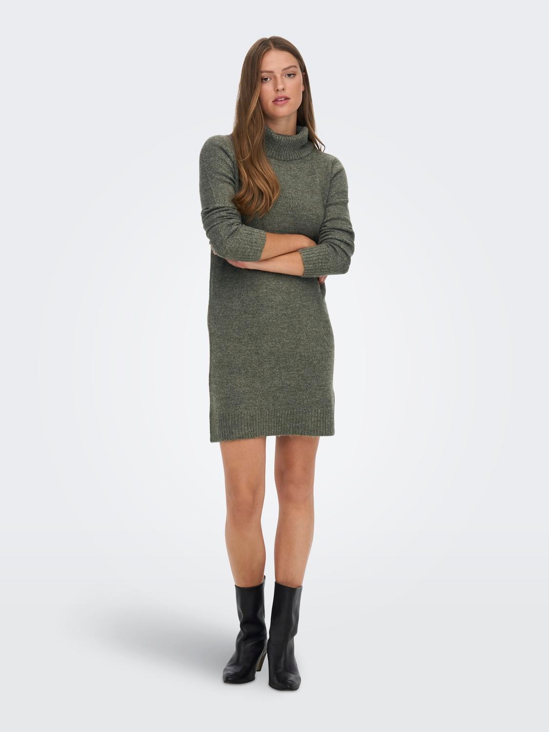 Strickkleid JDY "JDYELANORA L/S COWLNECK DRESS KNT NOOS", Damen, Gr. L, N-Gr, grün (kalamata detail:melange), Feinstrick, Obermaterial: 76% Polyacryl, 21% Polyester, 3% Elasthan, meliert, unifarben, regular fit, Kleider Image