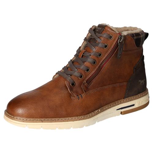 Winterboots MUSTANG SHOES Gr. 47, braun (cognac used) Herren Schuhe Schnürboots, Casual-Stiefelette mit kariertem Einsatz am Schaftrand