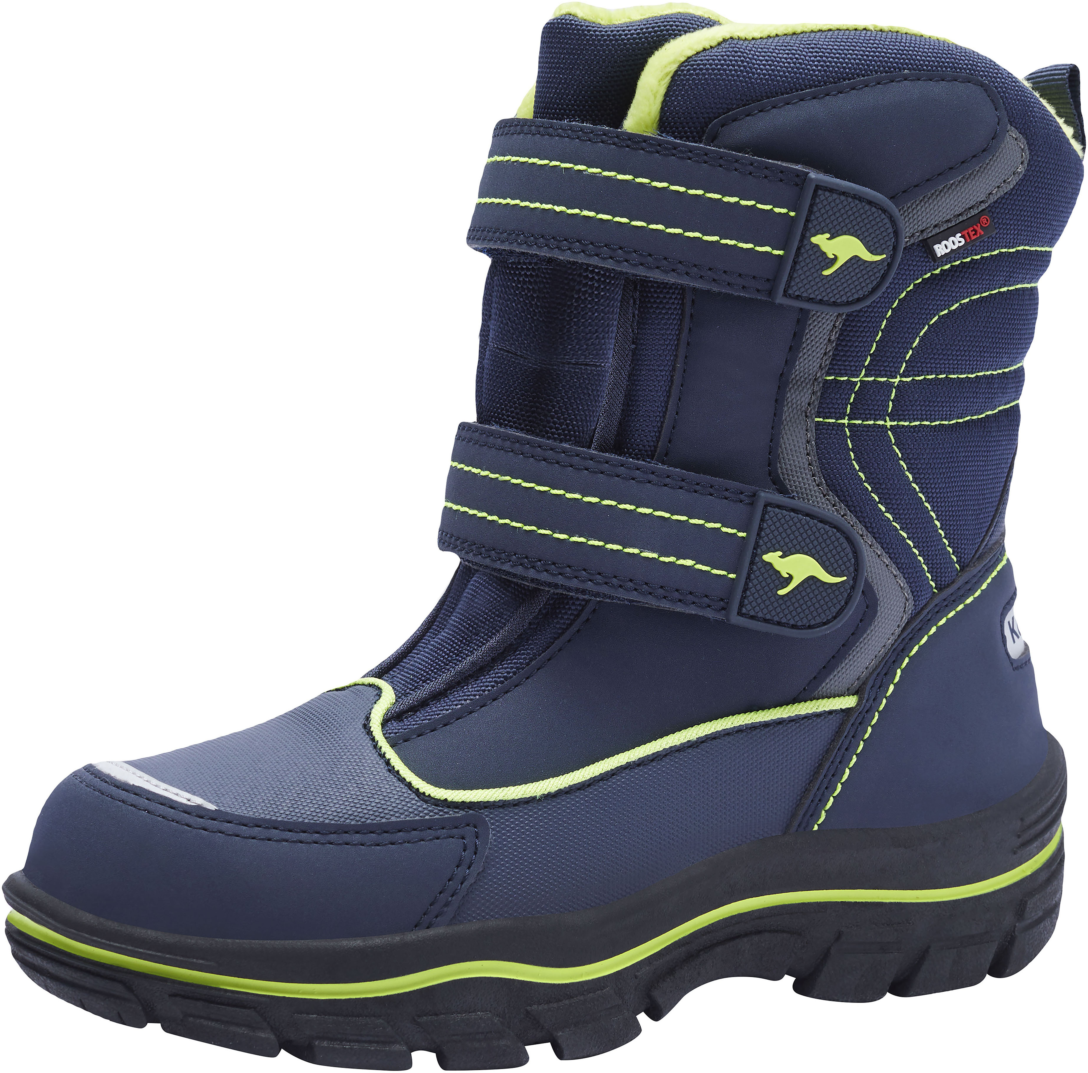 Winterstiefel KANGAROOS "K-Leno V Roostex", Damen, Gr. 32, blau (navy, lime), Synthetik, Sportlich, Schuhe, Snowboots, Winterboots, Winterschuhe, wasserdicht mit Klettverschluss