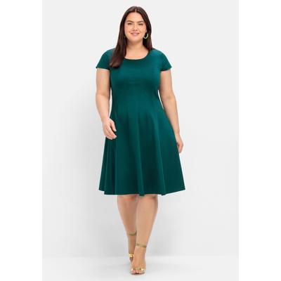 Cocktailkleid SHEEGO "Große Größen", Damen, Gr. 46, Normalgrößen, grün (tiefgrün), Obermaterial: 97% Baumwolle, 3% Elasthan, unifarben, klassisch, figurbetont knieumspielend, Rundhals, Kurzarm, Kleider Partykleid, in Bahnenform Image