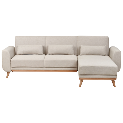 Ecksofa mit Schlaffunktion Hellbeige Stoff L-Förmig 3-Sitzer Sofa Linksseitig mit Polsterung Gepolstert Holzbeine Stoffsofa Modern Wohnzimmer