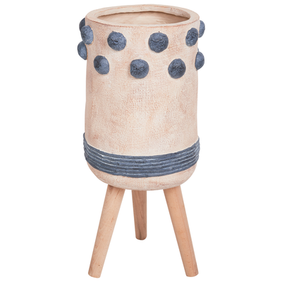 Blumentopf Sandbeige u. Blau aus Magnesiumoxid Rund 27 x 27 x 65 cm mit Holzbeinen Muster Indoor Outdoor