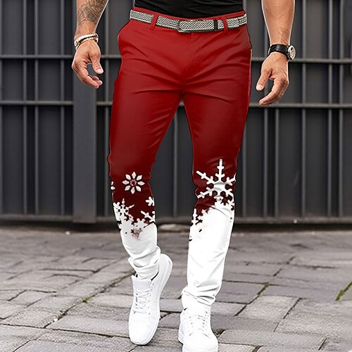 Weihnachtshose für Herren mit Weihnachtsszenen-Aufdruck, Schneeflocke, modisch, legere Kleidung, Reißverschlusstasche, mittlere Taille, Alltagskleidung, Urlaub, Sommer, Frühling, Herbst, 3D-Aufdruck, Image