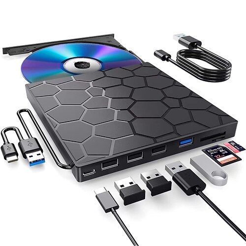 externes CD/DVD-Laufwerk für Laptop, DVD-Player für Laptop, 8-in-1 USB 3.0, ultraflacher tragbarer CD-Brenner, externes optisches Laufwerk, kompatibel mit Laptop-Desktop Image