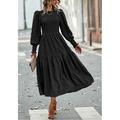 Damen Arbeitskleid schwarzes Kleid elegantes Winterkleid langes Kleid Maxikleid plissiert Rundhalsausschnitt Langarm einfarbig lockere Passform schwarz Frühling Herbst S M L XL