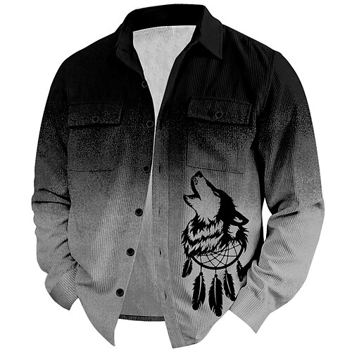 Weihnachten Herren Wolf Cord Hemd Hemdjacke Overshirt Langarm Vintage Stamm Outdoor Alltagskleidung Herbst Winter Umlegekragen Hemden mit Kragen Knopf 3D-Druck 2 Taschen 1pc Schwarzgrau Armeegrün Image