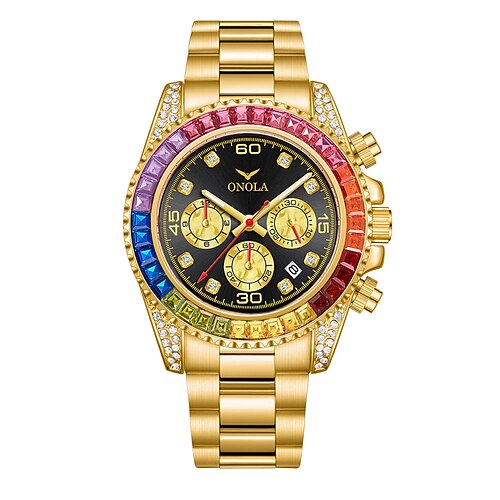 Onola Luxus Iced Uhren Männer Automatik Datum Multifunktions Stahl Uhren Mode Regenbogen Diamant Quarz Armbanduhr