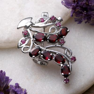 'Leafy Rhodium-Plated Three-Carat Garnet and Ruby Brooch Pin'