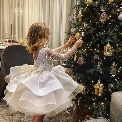 Kids Girls' Party Dress Solid Color Long Sleeve Performance Mesh Princess Sweet Mesh Mid-Calf Sheath Dress Tulle Dress Summer Spring Fall kids Ivory Yellow Wine