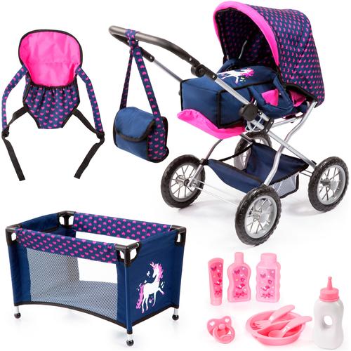 Kombi-Puppenwagen BAYER ""Grande, blau/pink"" Puppenwagen bunt (blau/pink) Kinder mit Reisebett, Schnuller, Geschirr und Pflegeprodukten